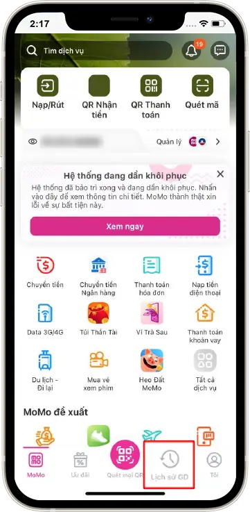 BƯỚC 1 : VÀO TÀI KHOẢN MOMO » CHỌN LỊCH SỬ GD